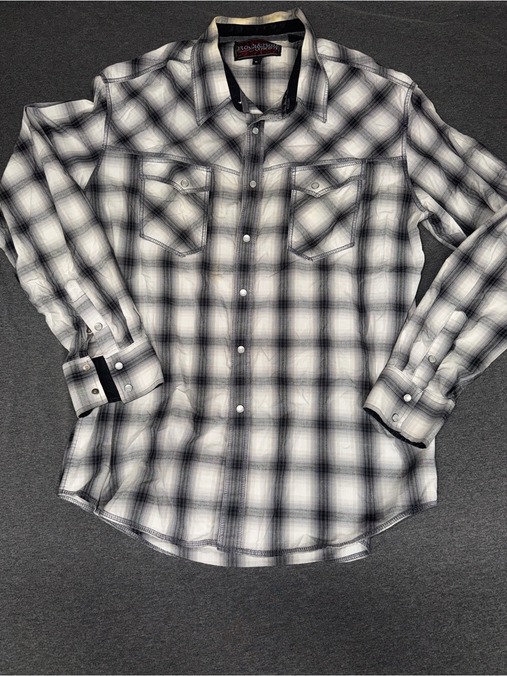 Rock & Roll Cowboy Men's Black White Plaid Button-Up Shirt Size XL